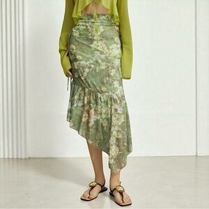 NWOT Y2K Asymmetrical Floral Midi Skirt Sz.M Green Mesh 90s Fairy Grunge Boho